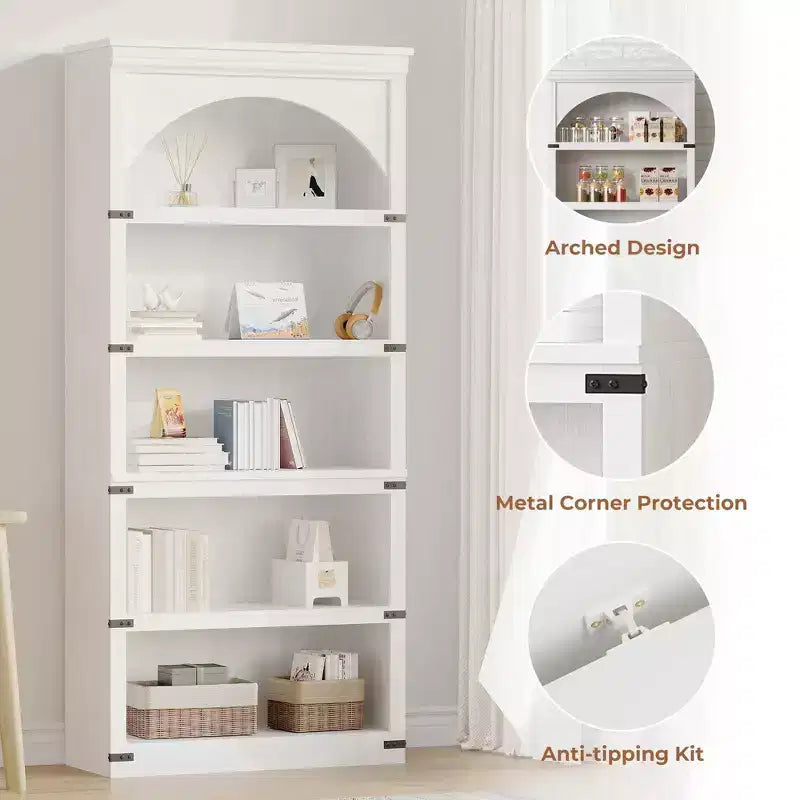 Estantería alta arqueada, librería estilo rústico de 5 niveles, veta de madera, 40"An x 68.7"Al
