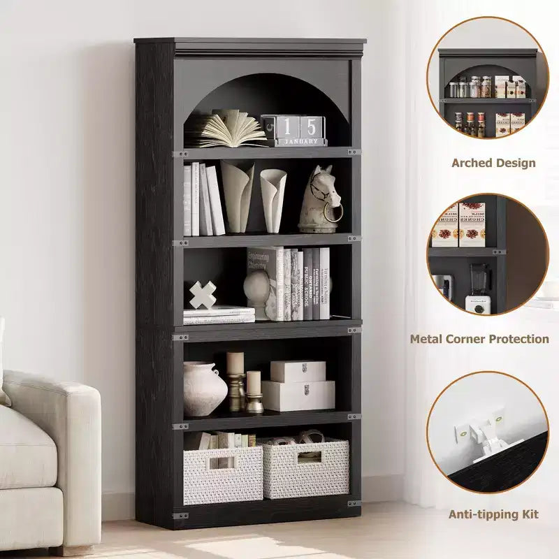 Estantería alta arqueada, librería estilo rústico de 5 niveles, veta de madera, 40"An x 68.7"Al