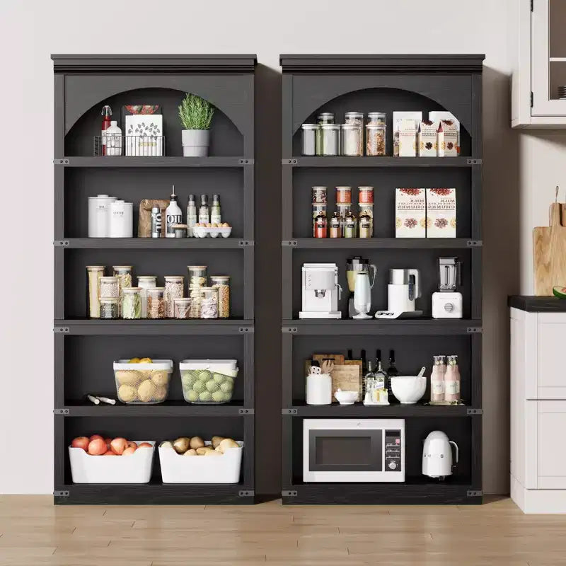 Estantería alta arqueada, librería estilo rústico de 5 niveles, veta de madera, 40"An x 68.7"Al