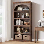 Estantería alta arqueada, librería estilo rústico de 5 niveles, veta de madera, 40"An x 68.7"Al