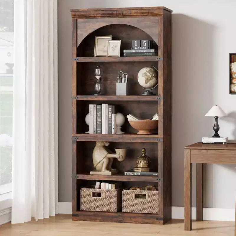 Estantería alta arqueada, librería estilo rústico de 5 niveles, veta de madera, 40"An x 68.7"Al