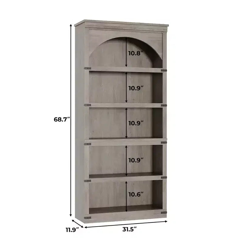 Estantería alta arqueada, librería estilo rústico de 5 niveles, veta de madera, 40"An x 68.7"Al