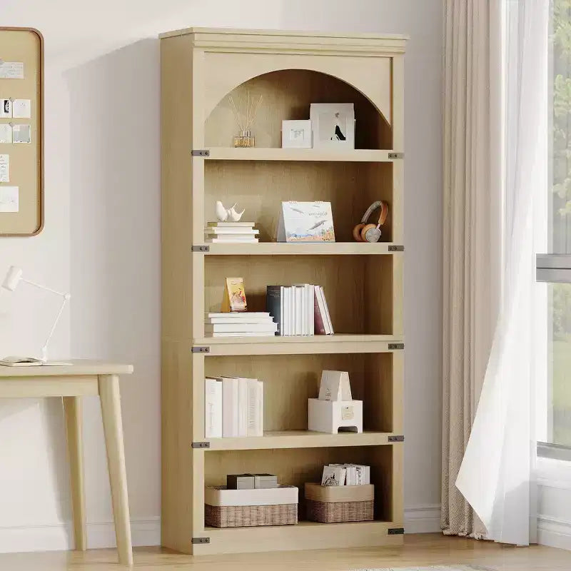 Estantería alta arqueada, librería estilo rústico de 5 niveles, veta de madera, 40"An x 68.7"Al