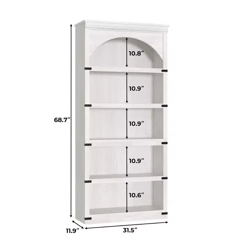 Estantería alta arqueada, librería estilo rústico de 5 niveles, veta de madera, 40"An x 68.7"Al