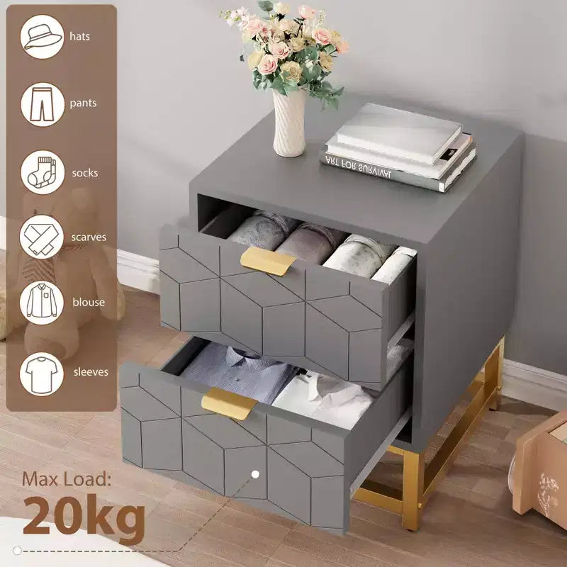 Cómoda de 2 cajones con patas y tiradores dorados, negra, diseño tallado moderno