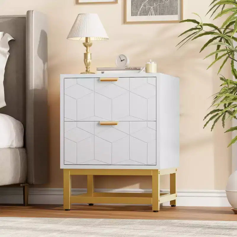 Cómoda de 2 cajones con patas y tiradores dorados, negra, diseño tallado moderno