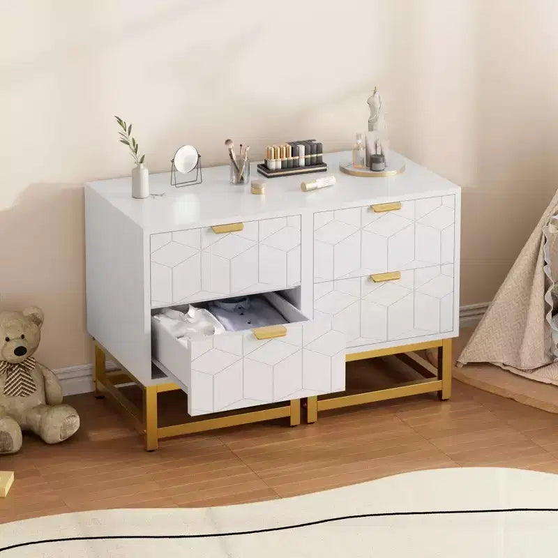 Cómoda de 2 cajones con patas y tiradores dorados, negra, diseño tallado moderno