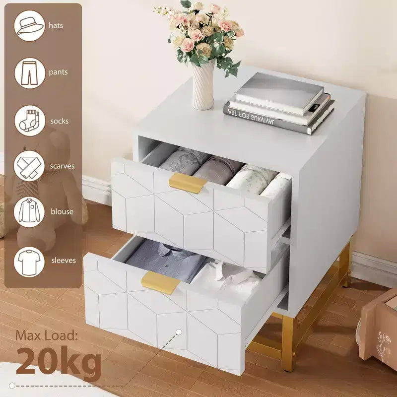 Cómoda de 2 cajones con patas y tiradores dorados, negra, diseño tallado moderno