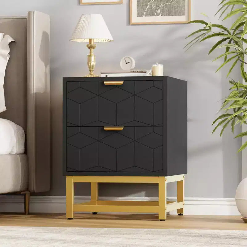 Cómoda de 2 cajones con patas y tiradores dorados, negra, diseño tallado moderno