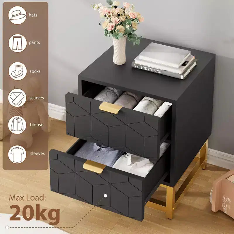 Cómoda de 2 cajones con patas y tiradores dorados, negra, diseño tallado moderno