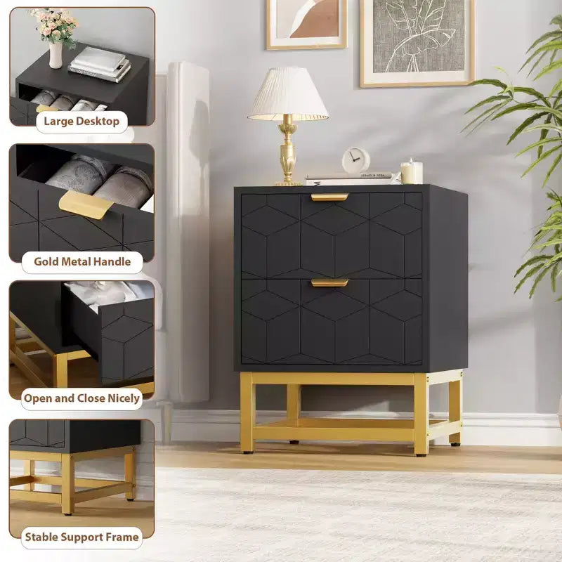 Cómoda de 2 cajones con patas y tiradores dorados, negra, diseño tallado moderno