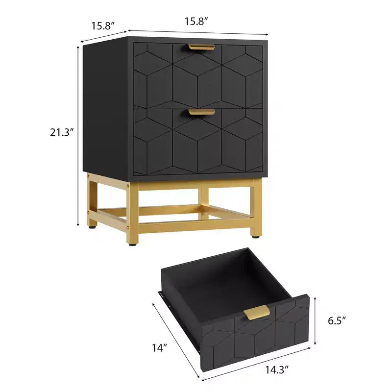 Cómoda de 2 cajones con patas y tiradores dorados, negra, diseño tallado moderno