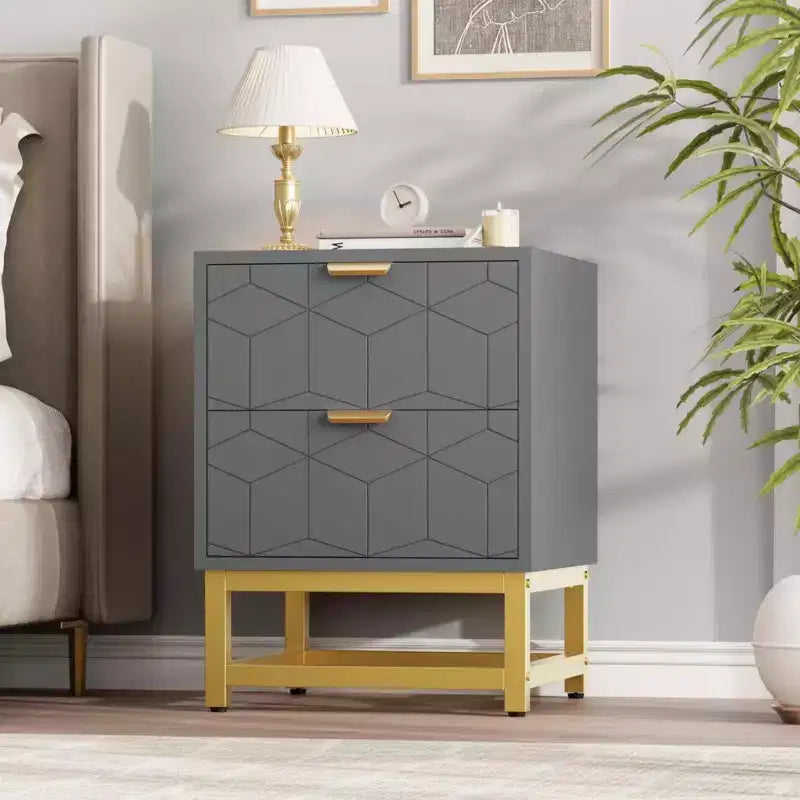 Cómoda de 2 cajones con patas y tiradores dorados, negra, diseño tallado moderno