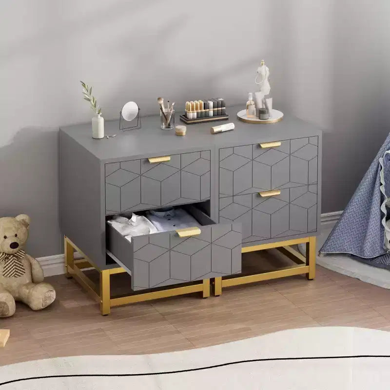 Cómoda de 2 cajones con patas y tiradores dorados, negra, diseño tallado moderno