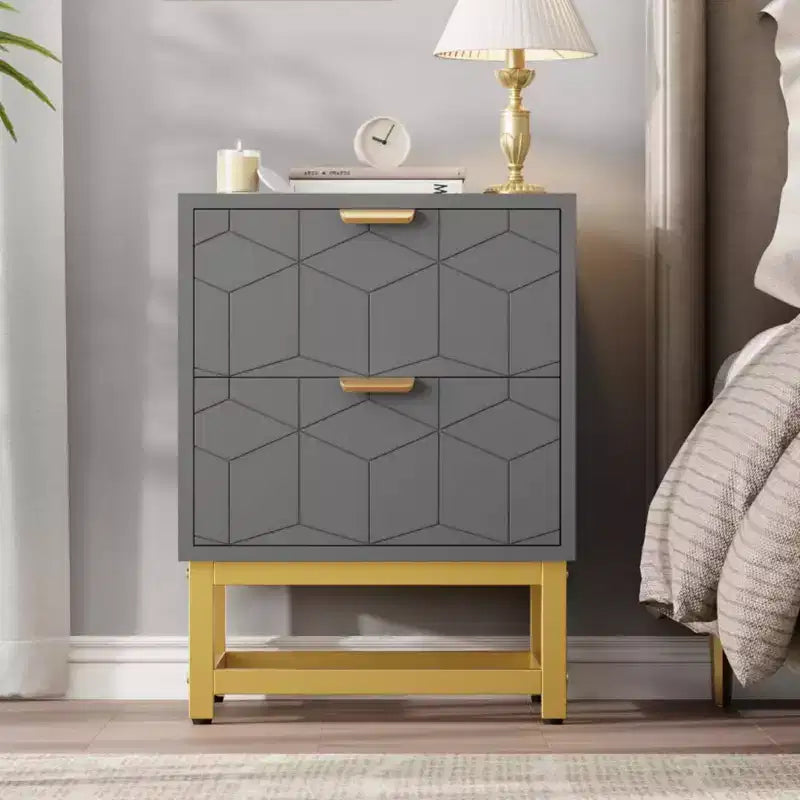 Cómoda de 2 cajones con patas y tiradores dorados, negra, diseño tallado moderno