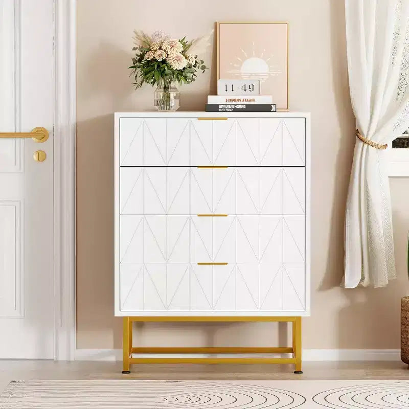 Cómoda de 4 cajones, madera de acacia, armario de almacenamiento multiusos para dormitorio o sala de estar, beige