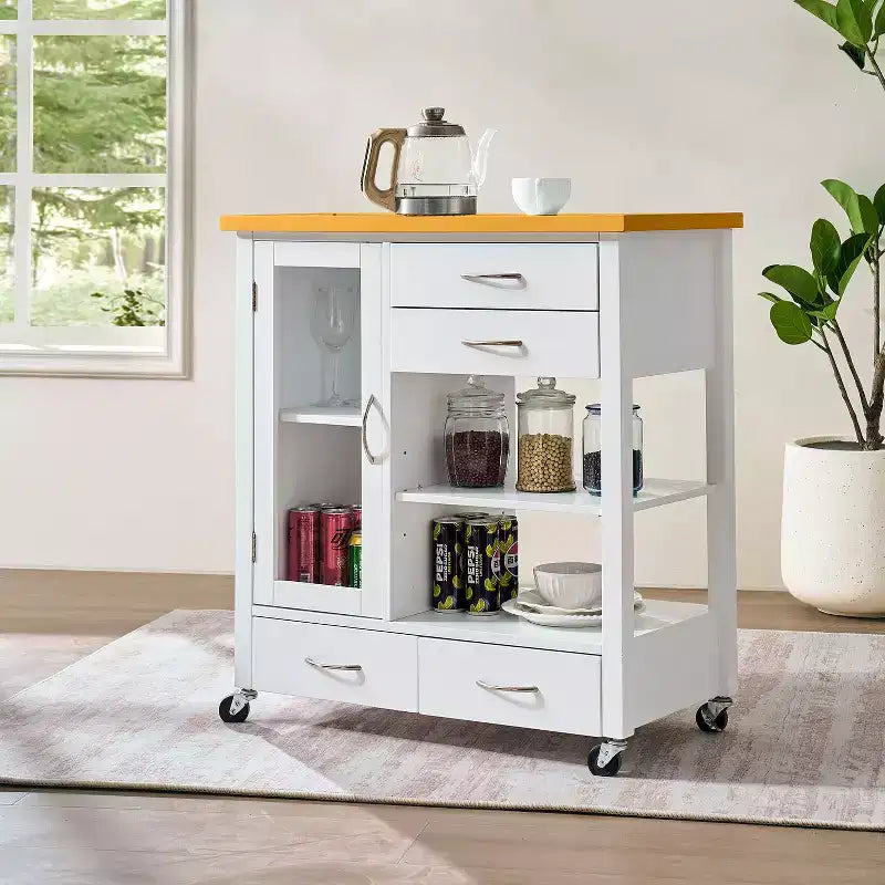 Okak Kitchen Island Cart with Glass Cabinet Door, Kitchen Cart with 4 Drawers, 1 Shelf and Towel Bar, Countertop Organizer for Dining Room, White+Oak