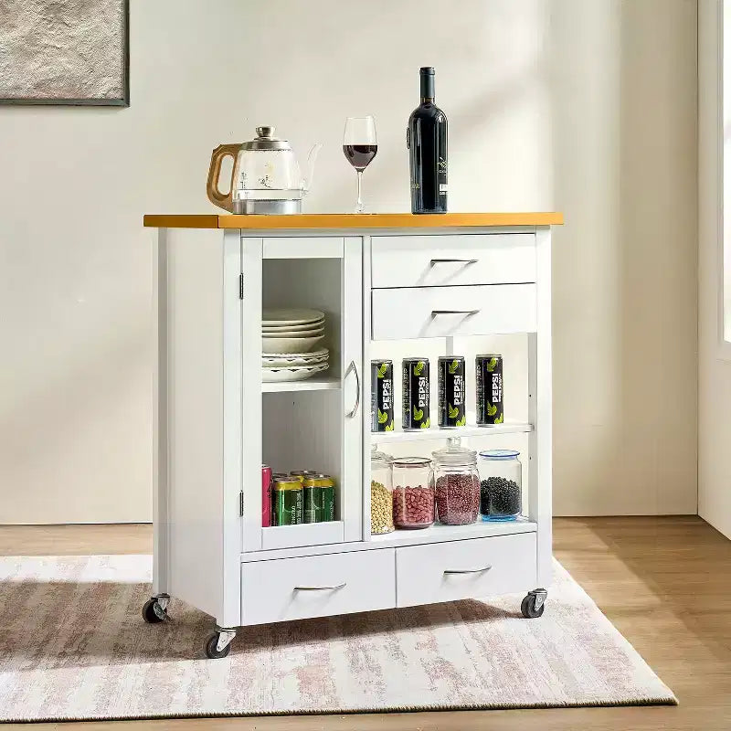 Carrito de isla de cocina con puerta de vitrina, 4 cajones, toallero, blanco y roble, 84 cm de alto