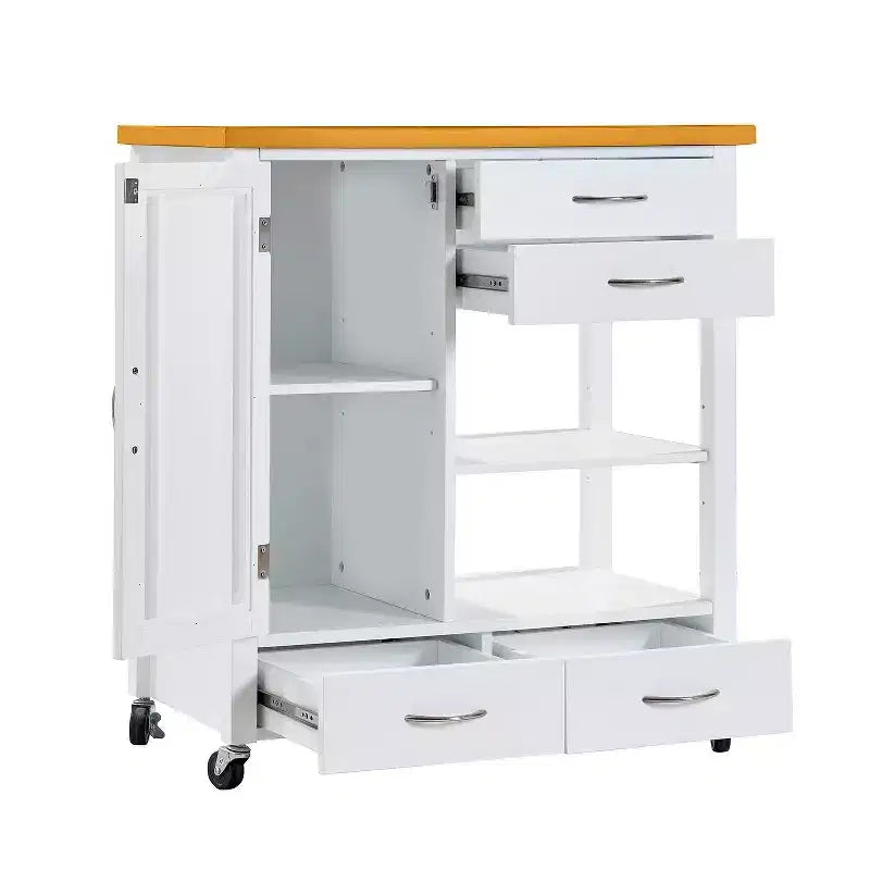 Carrito de isla de cocina con puerta de vitrina, 4 cajones, toallero, blanco y roble, 84 cm de alto