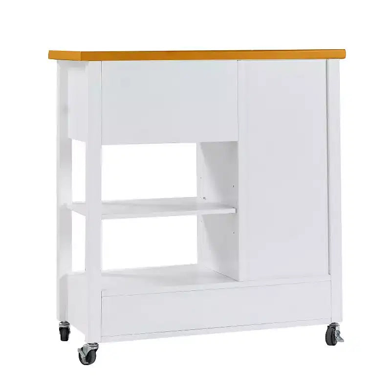 Carrito de isla de cocina con puerta de vitrina, 4 cajones, toallero, blanco y roble, 84 cm de alto