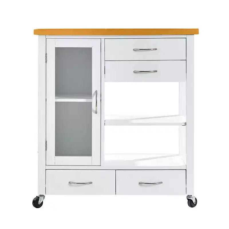 Carrito de isla de cocina con puerta de vitrina, 4 cajones, toallero, blanco y roble, 84 cm de alto