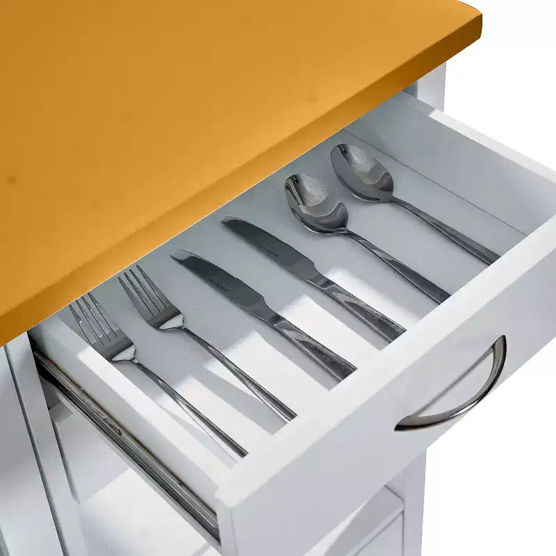 Carrito de isla de cocina con puerta de vitrina, 4 cajones, toallero, blanco y roble, 84 cm de alto