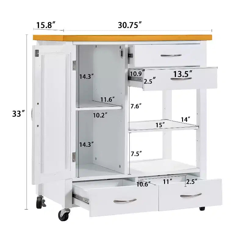 Carrito de isla de cocina con puerta de vitrina, 4 cajones, toallero, blanco y roble, 84 cm de alto