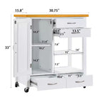 Carrito de isla de cocina con puerta de vitrina, 4 cajones, toallero, blanco y roble, 84 cm de alto