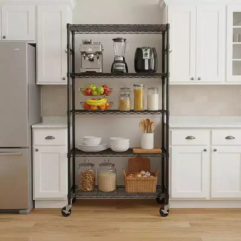 Estantería de Almacenamiento de 5 Niveles con Ruedas Unidad de Estantería de Alambre Ajustable Organizador de Metal para Cocina, Garaje, Despensa, Armario, Lavadero