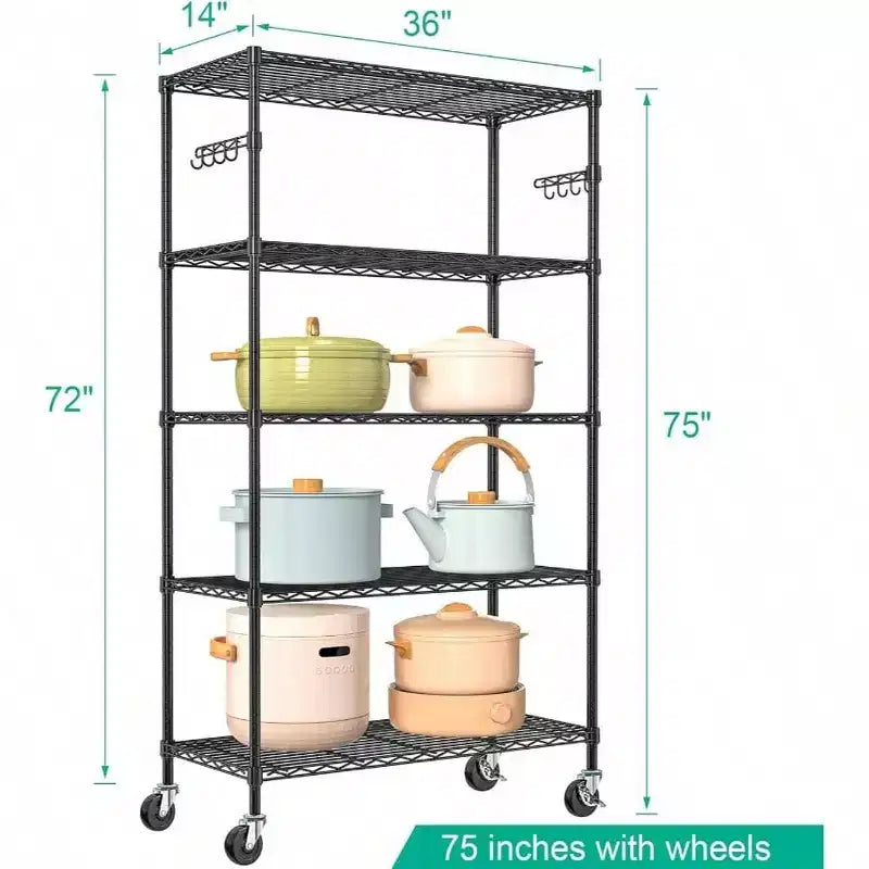 Estantería de Almacenamiento de 5 Niveles con Ruedas Unidad de Estantería de Alambre Ajustable Organizador de Metal para Cocina, Garaje, Despensa, Armario, Lavadero