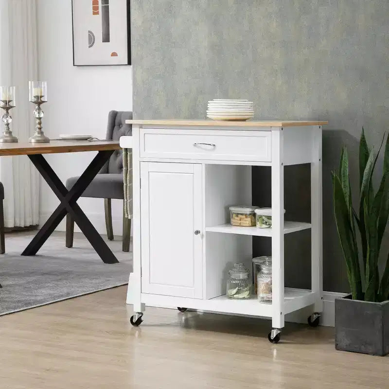 Carrito de isla de cocina, isla de cocina con ruedas y estante de almacenamiento, encimera de madera maciza, cajón, para comedor