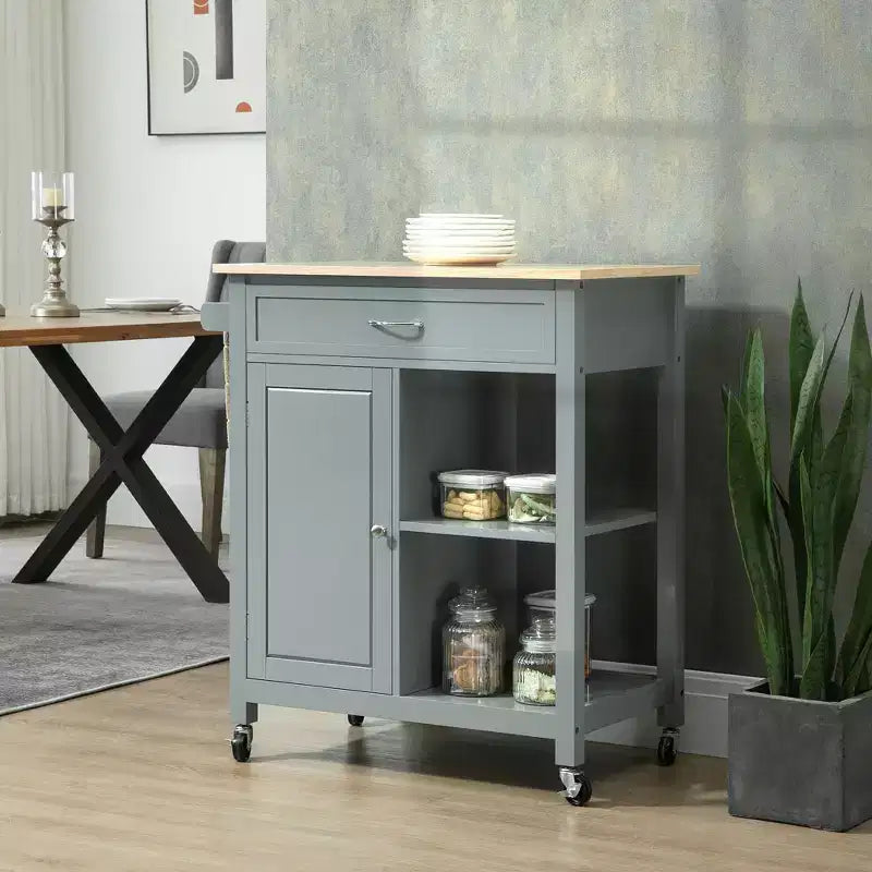 Carrito de isla de cocina, isla de cocina con ruedas y estante de almacenamiento, encimera de madera maciza, cajón, para comedor