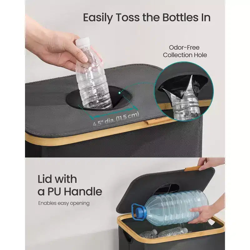 Contenedor de reciclaje de 98 litros, contenedor de reciclaje de botellas con bolsa interior y orificio de recogida, diseño plegable, gris pizarra y beige