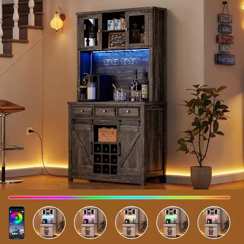 Mueble de cafetería de 72 pulgadas con puerta corrediza estilo granero, aparador alto de cocina con 3 cajones y botellero, amplio para el hogar