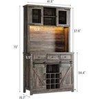 Mueble de cafetería de 72 pulgadas con puerta corrediza estilo granero, aparador alto de cocina con 3 cajones y botellero, amplio para el hogar