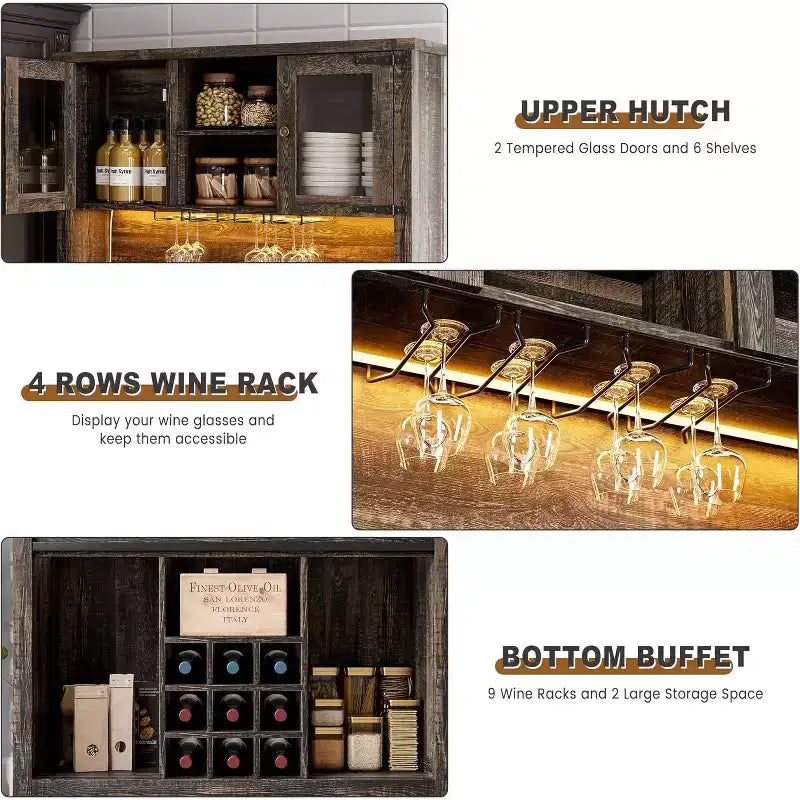 Mueble de cafetería de 72 pulgadas con puerta corrediza estilo granero, aparador alto de cocina con 3 cajones y botellero, amplio para el hogar