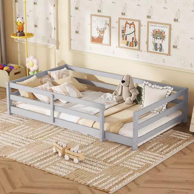 Cama Baja de Metal Twin con Valla para Niños, Cama Montessori Moderna para Dormitorio