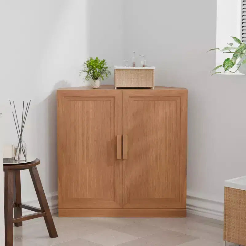 Mueble esquinero de almacenamiento con 2 puertas de madera maciza y estantes ajustables, beige, 31" ancho x 16" alto