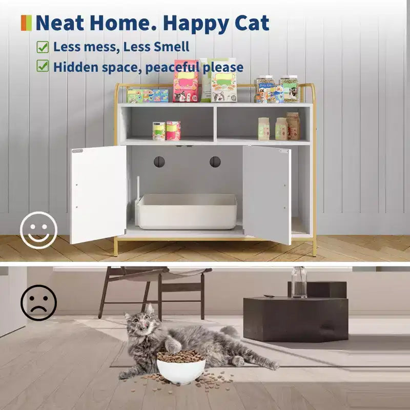 Caja de arena oculta con puerta de granero, gabinete de madera y mesa auxiliar, a prueba de perros, negro