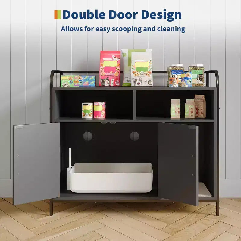 Caja de arena oculta con puerta de granero, gabinete de madera y mesa auxiliar, a prueba de perros, negro
