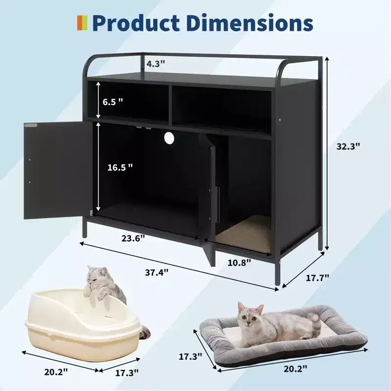 Caja de arena oculta con puerta de granero, gabinete de madera y mesa auxiliar, a prueba de perros, negro