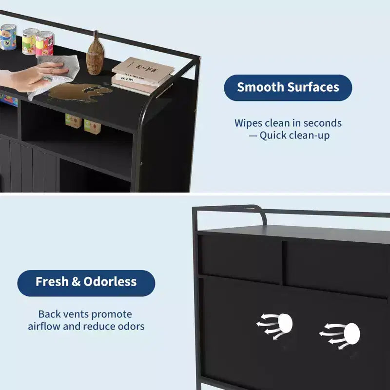 Caja de arena oculta con puerta de granero, gabinete de madera y mesa auxiliar, a prueba de perros, negro