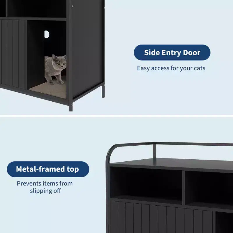 Caja de arena oculta con puerta de granero, gabinete de madera y mesa auxiliar, a prueba de perros, negro