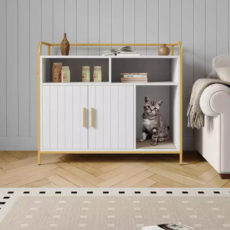 Caja de arena oculta con puerta de granero, gabinete de madera y mesa auxiliar, a prueba de perros, negro