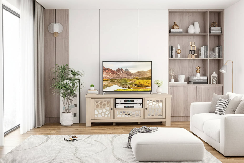 Mueble de TV retro de 55 pulgadas con puertas de espejo y cajones