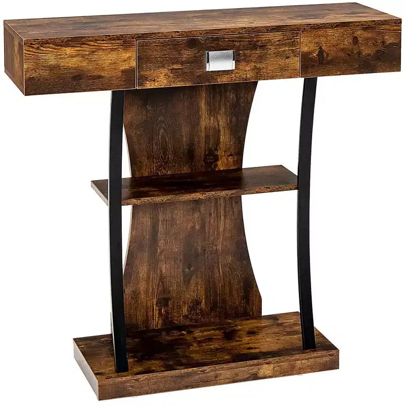Mesa de sofá consola con cajón y estantes de 2 niveles, negro y marrón rústico, 16"W x 35"H