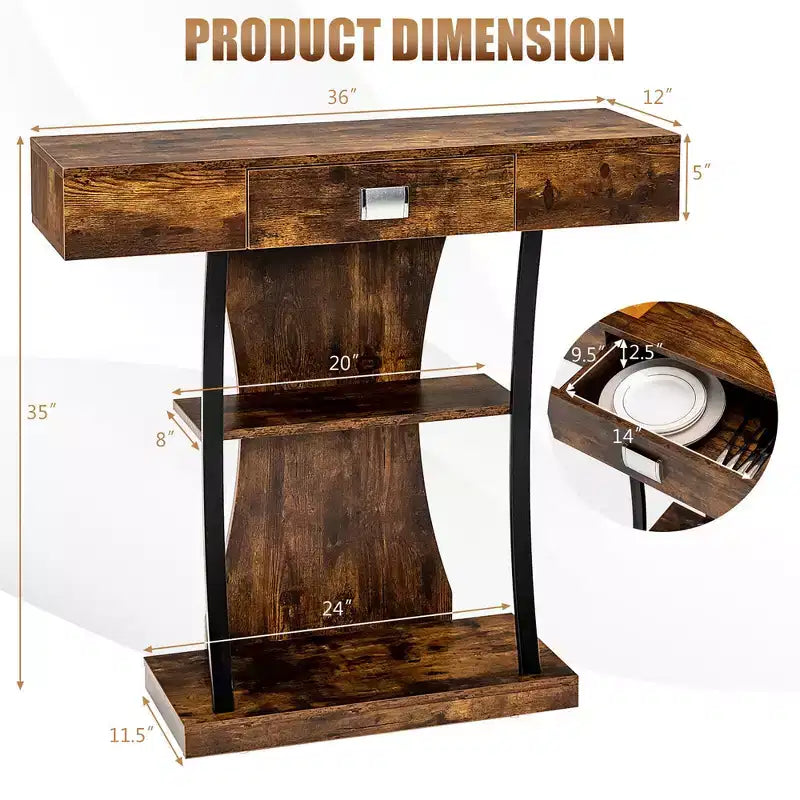 Mesa de sofá consola con cajón y estantes de 2 niveles, negro y marrón rústico, 16"W x 35"H
