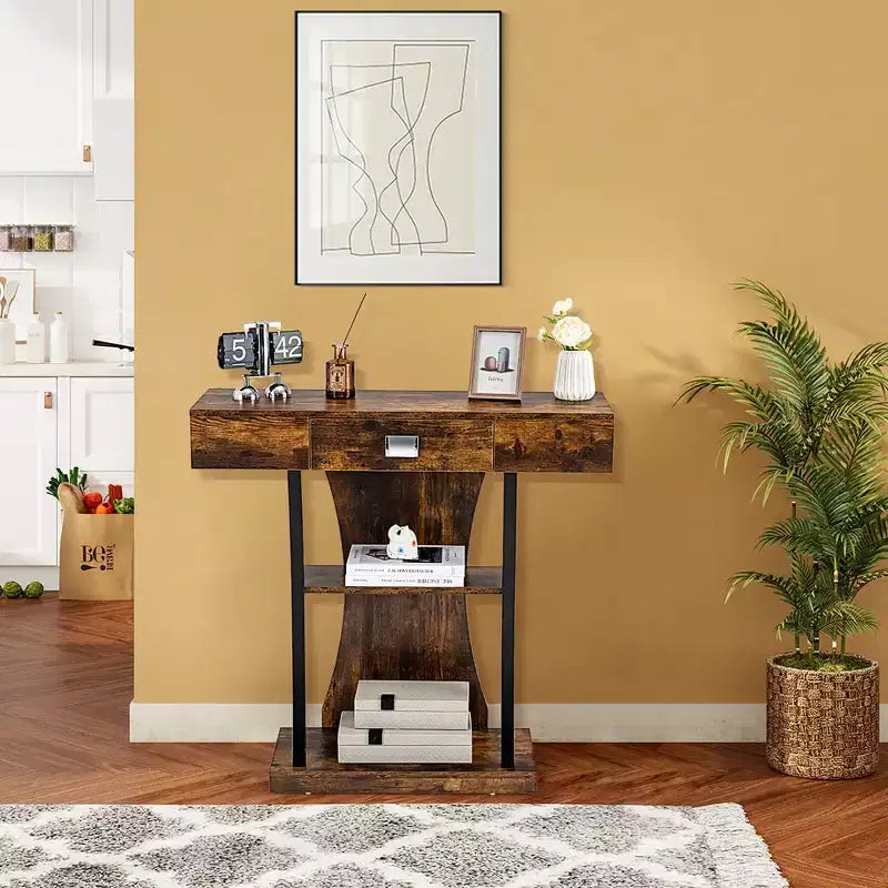 Mesa de sofá consola con cajón y estantes de 2 niveles, negro y marrón rústico, 16"W x 35"H