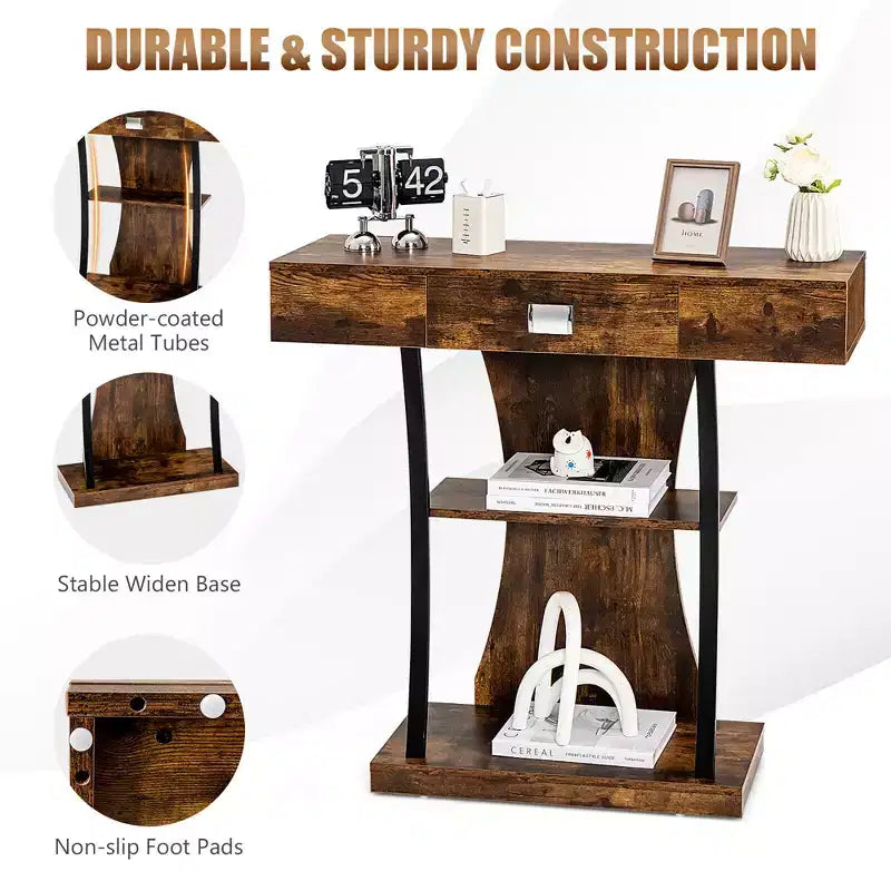Mesa de sofá consola con cajón y estantes de 2 niveles, negro y marrón rústico, 16"W x 35"H