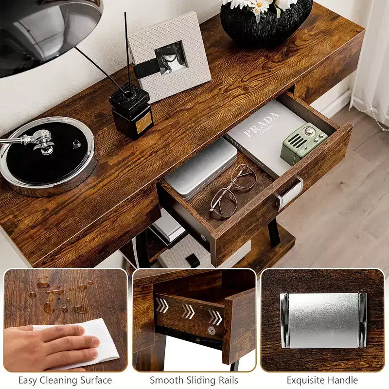 Mesa de sofá consola con cajón y estantes de 2 niveles, negro y marrón rústico, 16"W x 35"H